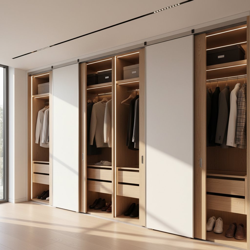 Custom fitted sliding wardrobe with mirrored doors and internal LED lighting installed in London bedroom