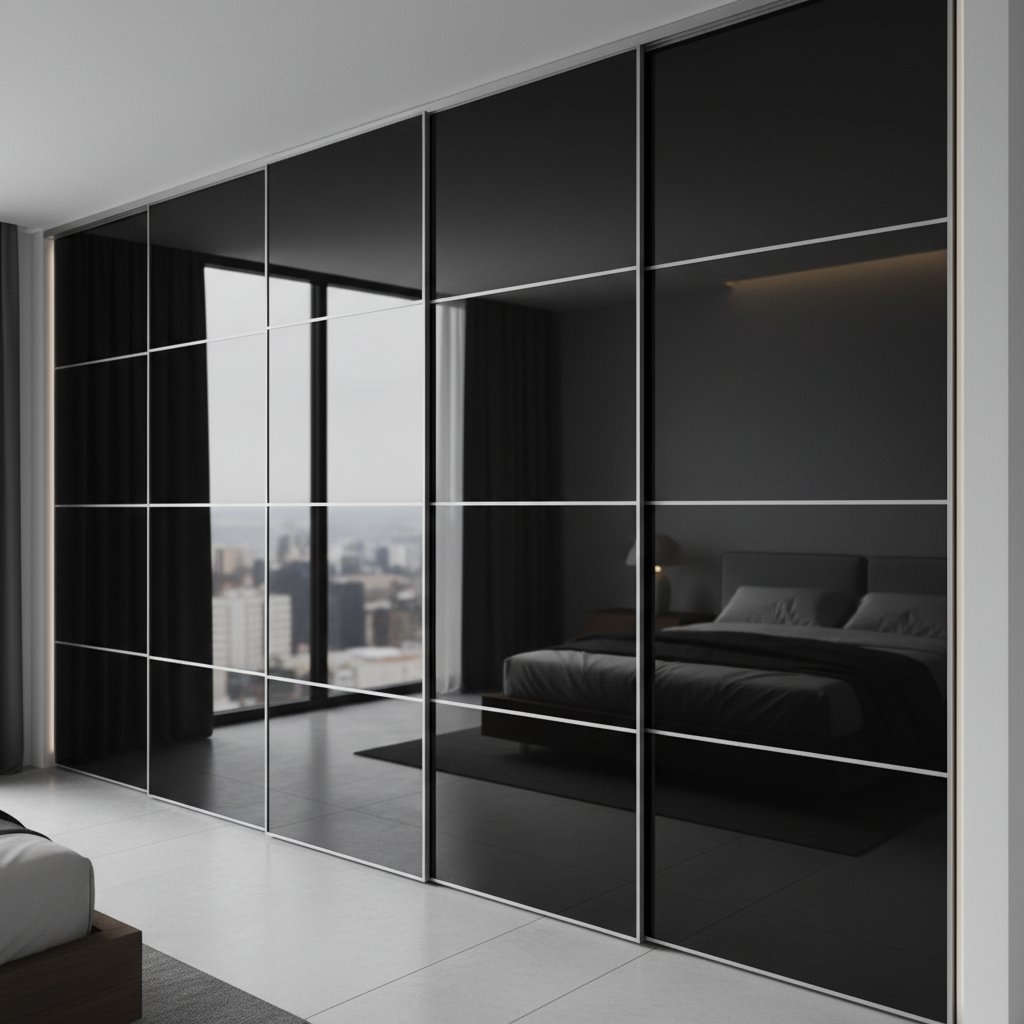 Minimalist bedroom wardrobe with glass doors